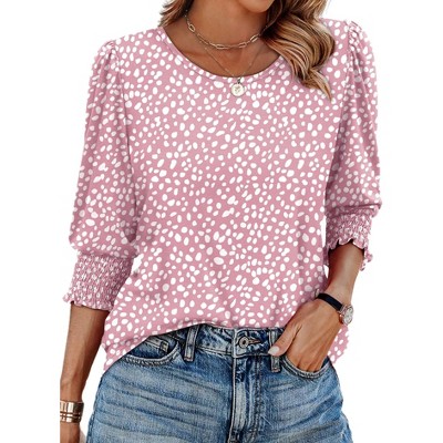 Women's Dressy Casual 3/4 Sleeve Blouse Smocked Cuff Tops Soft Breathable Business Casual Shirt Round Neck Stretch Fit Top
