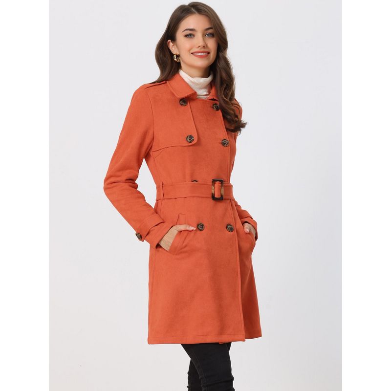 Allegra K Women's Notched Lapel Double Breasted Faux Suede Trench Coat with Belt, 3 of 7