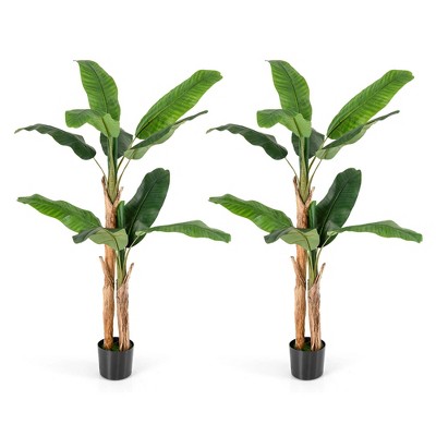 Costway 1/2 PCS 5.5 FT Tall Artificial Banana Tree with 10 Large Leaves Double Stalks Natural Bark