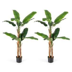 Costway 1/2 PCS 5.5 FT Tall Artificial Banana Tree with 10 Large Leaves Double Stalks Natural Bark - 1 of 4