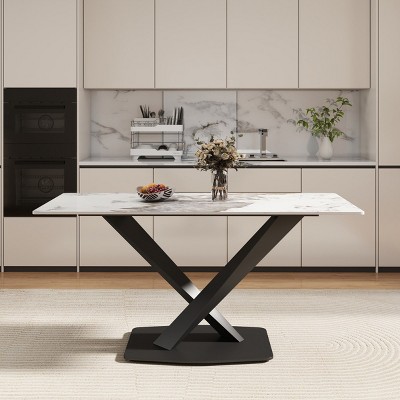 63" Modern Rectangular Dining Table for 6,Sintered Stone Top with Black Metal X-Leg Base-Maison Boucle