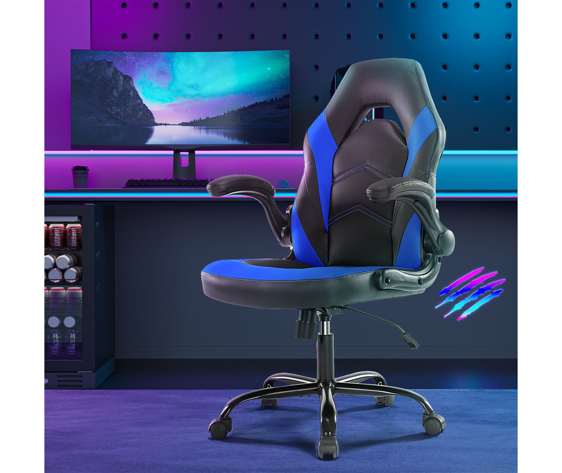 Bestier Gaming Chair, PU Leather Computer Swivel Chair with Lumbar Support, Adjustable Backrest and Flip-up Armrest for Home Office Desk Chair-Blue