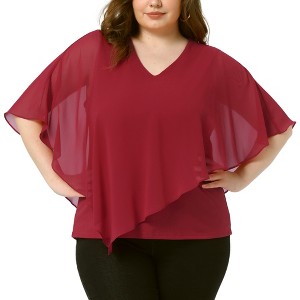 Agnes Orinda Women's Plus Size V Neck Short Sleeve Flowy Double Layered Irregular Chiffon Blouses - 1 of 4