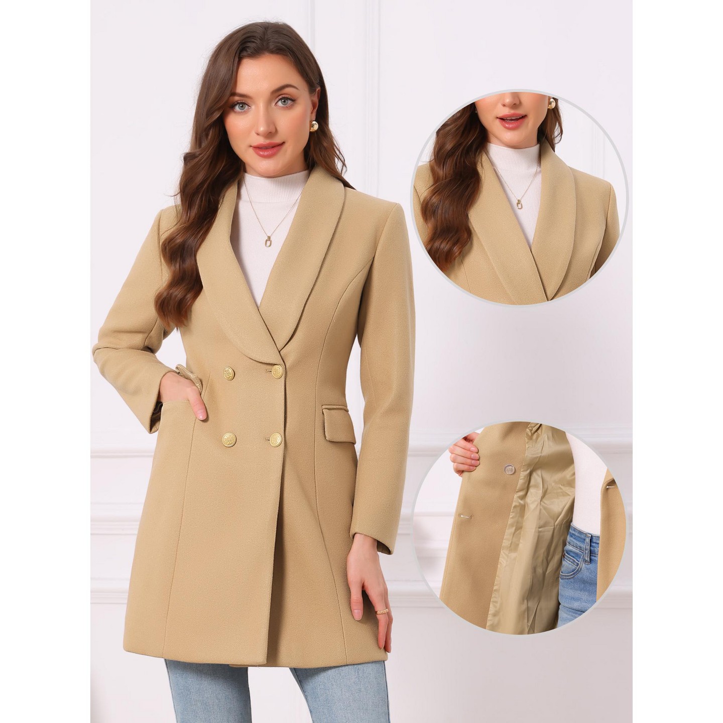 INSPIRE CHIC Women's Winter Double Breasted Lapel Neck Long Sleeve Outerwear Overcoat Large Burgundy, цвет: Хаки — фото 2