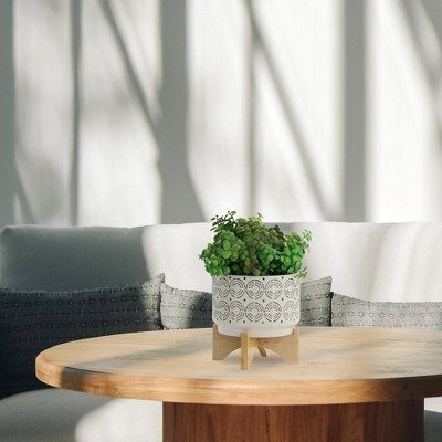 Ivory Swirl Ceramic Planter on Stand, 7"x8" - Contemporary Outdoor Accent