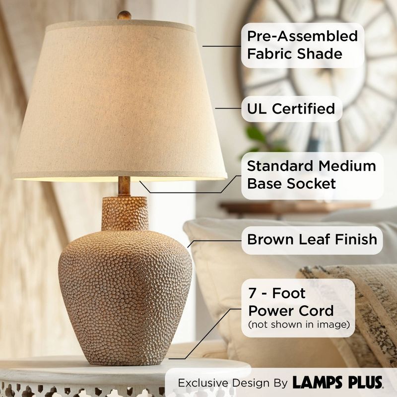 360 Lighting Bentley Rustic Farmhouse Table Lamp 29" Tall Brown Leaf Textured Hammered Pot Off White Empire Shade for Bedroom Living Room House Home, 3 of 12