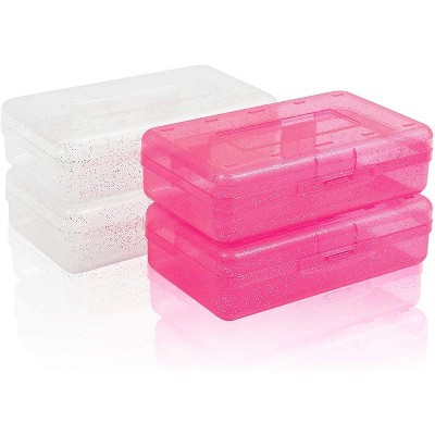 Bright Creations 4-Pack Pink & White Glitter Plastic Pen & Pencil Case Boxes, 7.8 x 2.2 x 4.5 in