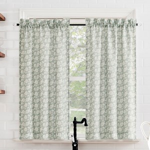 No. 918 2pc 54"x36" Mistral Floral Print Semi-Sheer Rod Pocket Kitchen Curtain Tier Pair Sage Green - 1 of 4