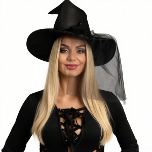 Joyfy Halloween Black Mesh Witch Hat, Wicked Hat with Lace Veils, Women Halloween Costume Accessory, Cosplay Parties - 1 of 4
