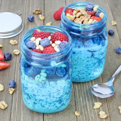 Retro Blue Plastic Mason Jars with Silver Lids, 16oz Set of 8