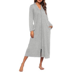 Ekouaer Women Zipper Robe Long Sleeve Loungewear Lightweight Housecoat Full Length Nightgown with Pockets - 1 of 2