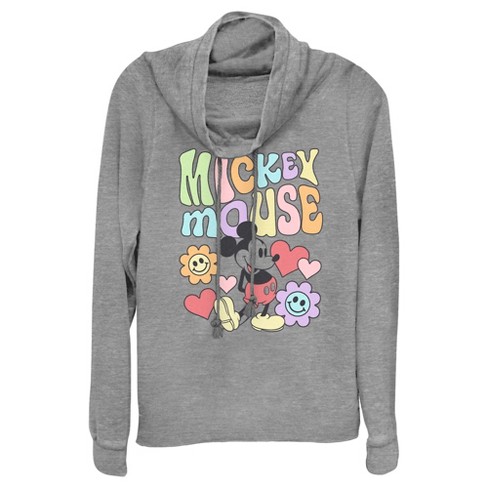 Junior s Mickey Friends Groovy Hearts And Smilies Logo Cowl Neck Sweatshirt Gray Heather Large Target