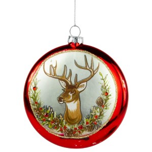 Northlight Glittered Reindeer with Wreath Glass Disc Christmas Ornament - 4"  - Red - 1 of 4