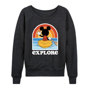 Women's - Disney - Mickey Kayak Explore Lightweight French Terry Wide Neck Long Sleeve Graphic Shirt - 1 of 4