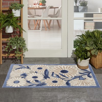 Aloha Daisy Flower Blue/Grey Floral Flatwoven Rug 2'8" x 4'