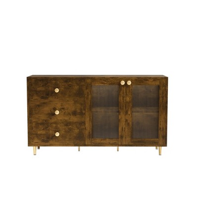 Sideboard Buffet Cabinet Wooden Storage Cabinet With Built In Shelves 3 Drawers Tempered Glass Doors For Living Room Kitchen Hallway Dining Room