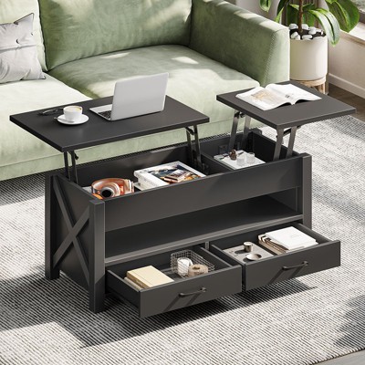 Greenstell Lift Top Coffee Table with Storage Drawers & Hidden Compartment, Multifunctional Living Room Table with Adjustable Height & Shelf