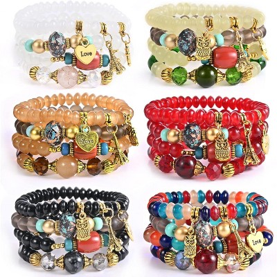 6 Sets Bohemian Stackable Stretch Bracelets Multi-color Boho Jewelry for Women with Various Charms