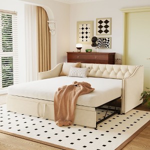 Okak Twin Size Daybed with Pop Up Trundle Upholstered Bed Sofa Bed Frame with Backrest for Living Room Bedroom Guest Room, Beige - 1 of 4