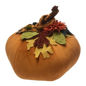 7"x14" Dimensional Velvet Pumpkin with Embroidered Leaves Throw Pillow Orange - Edie@Home: Cozy Autumn Decor, Indoor Novelty Plush Pillow - 1 of 4