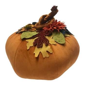 7"x14" Dimensional Velvet Pumpkin with Embroidered Leaves Throw Pillow Orange - Edie@Home