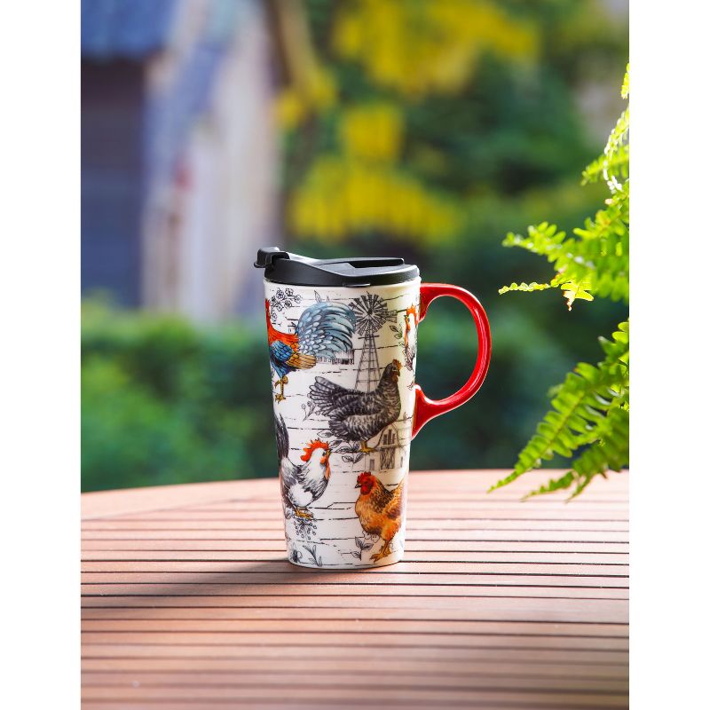 Evergreen Ceramic Travel Cup, 17 OZ. ,w/box, Chicken Collage, 4 of 5