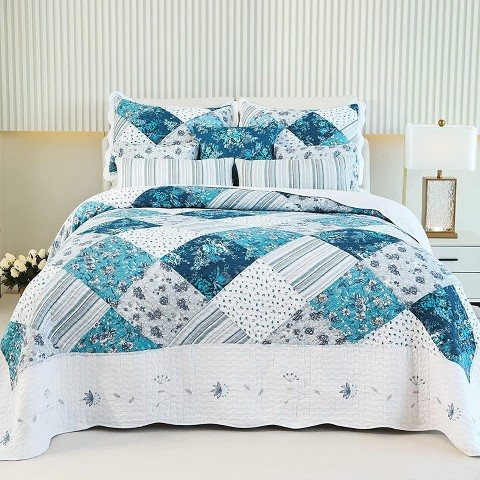 Acoinel Blue Floral Patchwork Quilt Set - 3-Piece Reversible Bedspread with Pillow Shams, Coastal Boho Bedding for Queen Beds (92"x96")