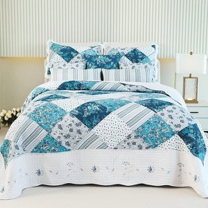 Blue & White Checkered Quilted Bedding Set, 3-Piece French Country Style with Vintage Floral Patterns & Wavy Edges, Queen - 1 of 4