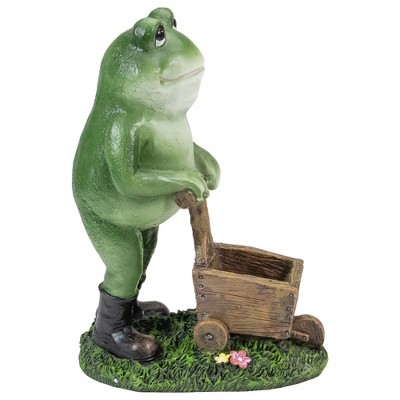 Green Frog Pushing Wooden Wheelbarrow Garden Statue