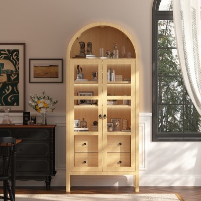 72" H Modern Farmhouse Auto Sensor Light Arched Cabinet with Glass Doors, Adjustable Shelf and 2 Drawers