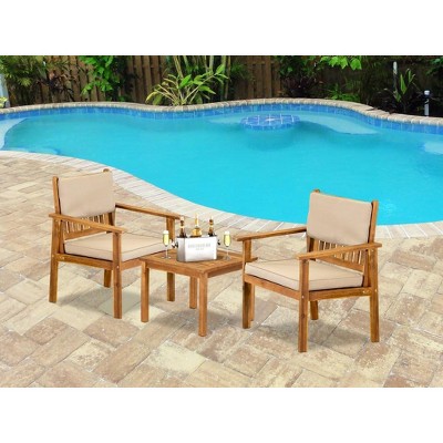 East West Furniture 3-Piece Bristol Coffee Table Set Includes a Coffee Table & 2 Polyester Fabric Outdoor Patio Chairs Made of Acacia Wood
