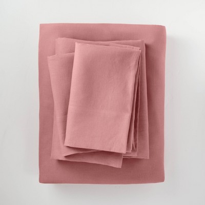 Queen 100% Washed Linen Solid Sheet Set Rose - Casaluna™