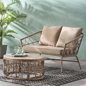 GDFStudio Colmar Outdoor Wicker Loveseat and Coffee Table Set with Cushions, Light Brown/Beige - 1 of 4