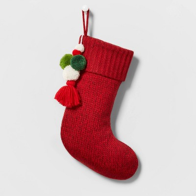 Marled Knit Christmas Stocking with Poms Red - Wondershop™