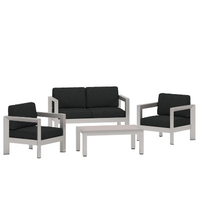 Christopher Knight Home Aviara Outdoor Aluminum 4 Seater Chat Set with Glass Topped Coffee Table, Silver/Gray