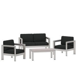 Christopher Knight Home Aviara Outdoor Aluminum 4 Seater Chat Set with Glass Topped Coffee Table, Silver/Gray - 1 of 4