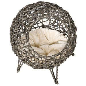 PawHut 20.5" Rattan Cat Bed, Kitten House, Elevated Round Condo for Comfort and Circulation with Cushion, Round Design - 1 of 4