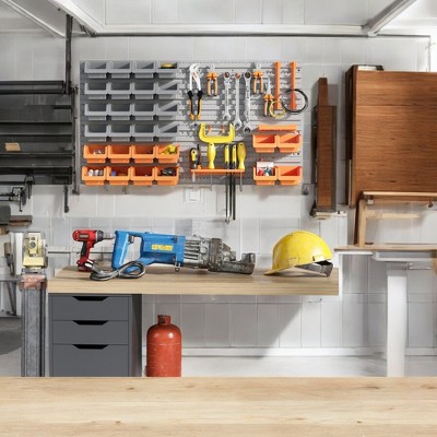 Alilang 21.30 Inch Modular Wall-Mounted Storage Organizer with Tool Pegboard and Bins for Home or Garage Use-Orange