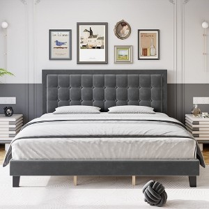 Modern Upholstered Platform Bed with Button Tufted Headboard - 1 of 4