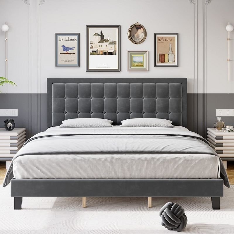 Modern Upholstered Platform Bed with Button Tufted Headboard, 1 of 7