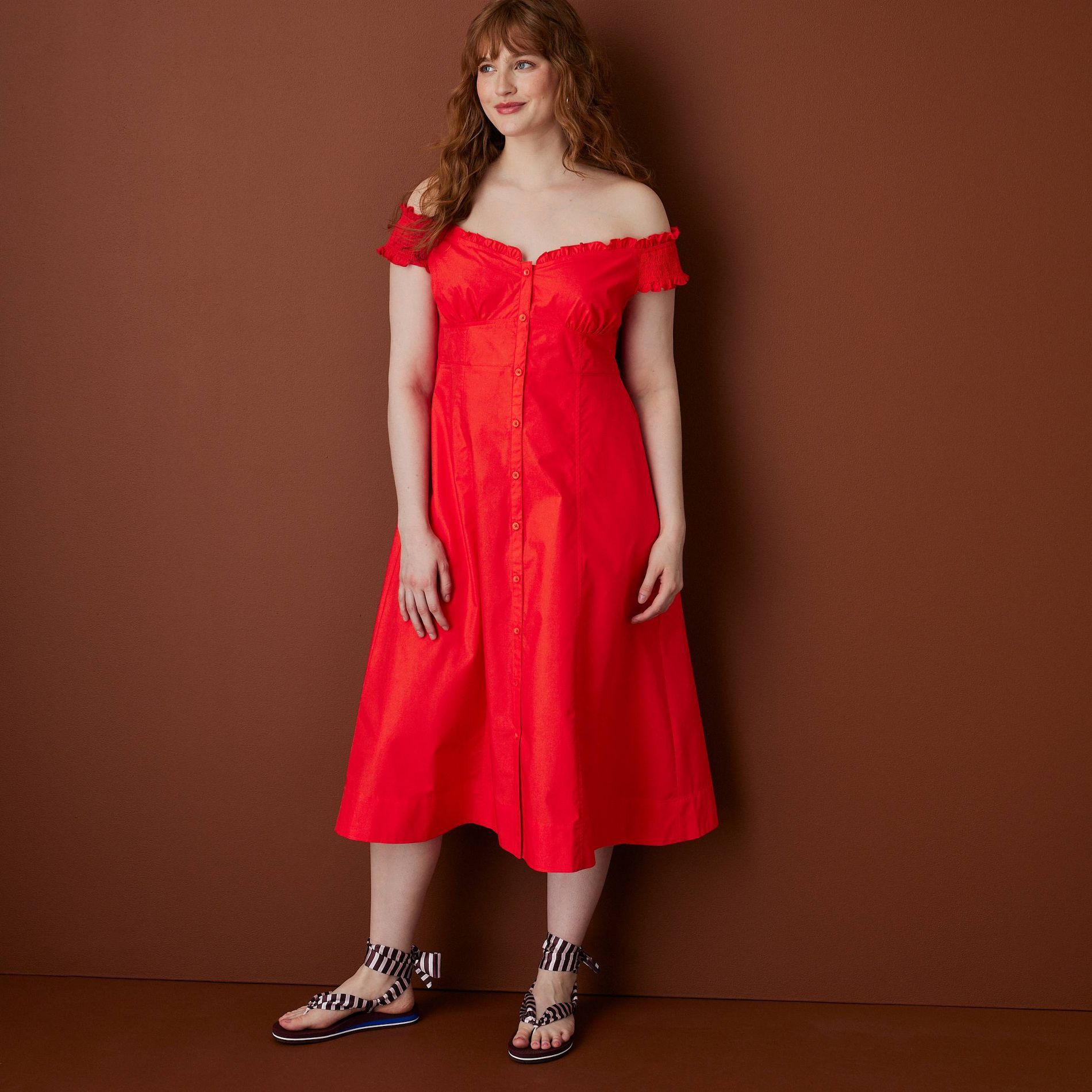 Women's Off the Shoulder Poplin Button-Down Ankle Dress - Rosie Assoulin x Target Red