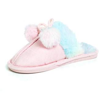 Limited Too Girl's House Slippers in Pink with Pom Poms and Colorful Fuzzy Footbed