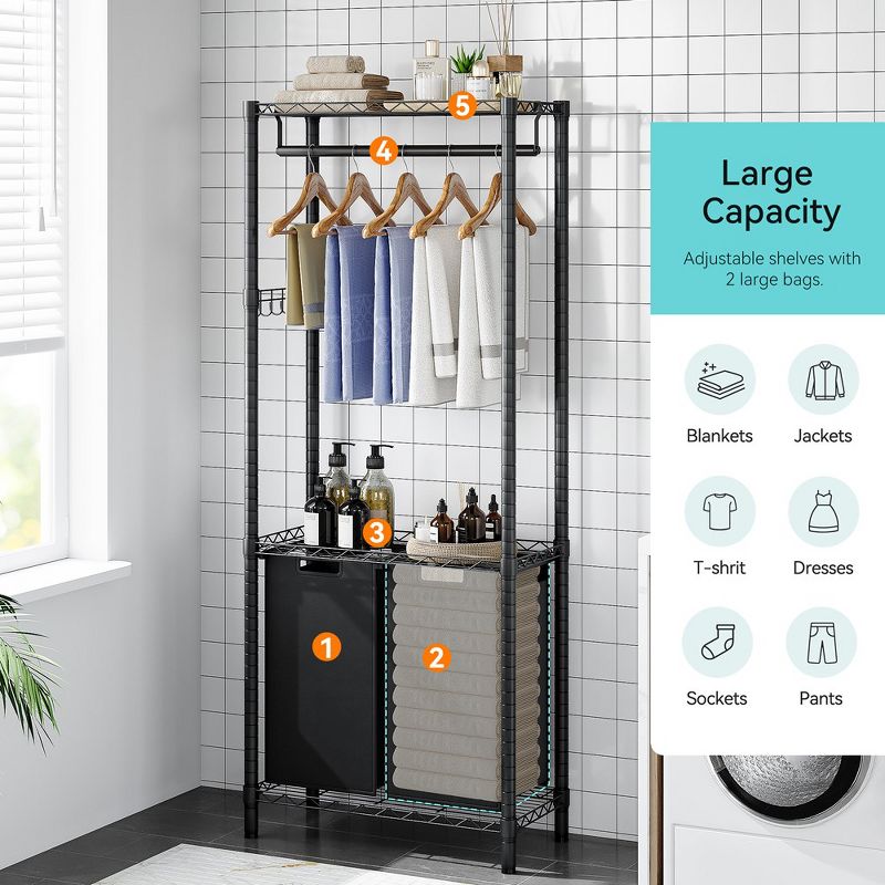 Whizmax Garment Rack, Heavy Duty Clothes Rack for Hanging Clothes Capacity with Laundry Sorter 2/3 Section, Bedroom Clothing Rack Freestanding, Black, 5 of 9