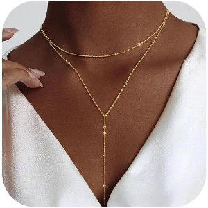 Lariat Gold Necklace for Women: Dainty 14K Gold Plated/Silver Y-Shaped Beaded Drop Chain, Trendy Gift - 1 of 4