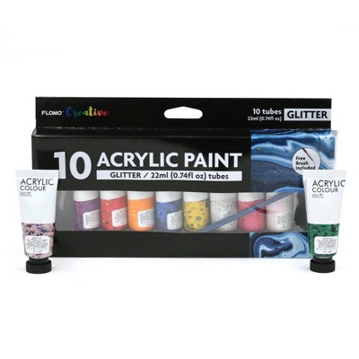 10ct Acrylic Glitter Paint Set with Brush - FLOMO