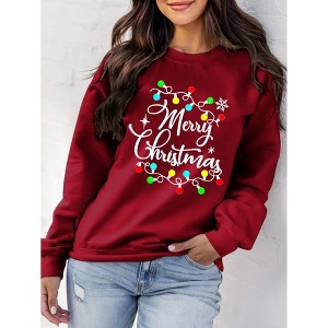 Womens Christmas Sweatshirt Merry Bright Christmas T-Shirt Long Sleeve Lightweight Holiday Pullover Tops - 1 of 3