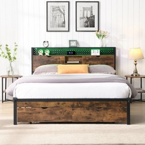 Okak Queen Size Metal Platform Bed Frame with Wooden Headboard and with Footboard USB,Charging Station,2 Drawers,storage, LED Lights - 1 of 4
