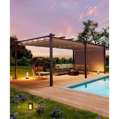 Garvee 12x20ft Extra Large Aluminum Pergola with Adjustable Sun Shade Canopy, 4-Side Anchoring, Gray Frame & Curtains
