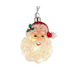 Kurt Adler Pre-lit Hanging Glass Ornament, Warm White LED's, USB-Powered Santa Head - 1 of 4