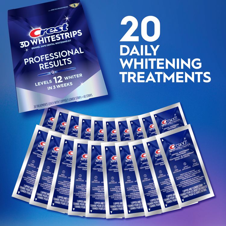A package of Crest 3D Whitestrips with text stating "20 Daily Whitening Treatments" and "Levels 12 Whiter in 3 Weeks," surrounded by individual strip packets.